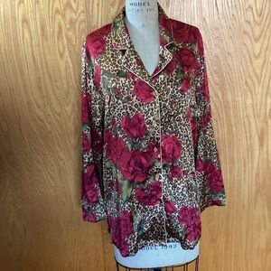 Victoria’s Secret silky leopard red rose button up pajama top sleep shirt medium